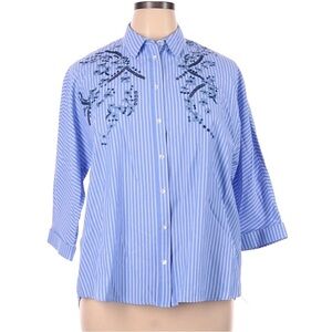 Gerard Darel Blue Striped Button Down Shirt with Embroidery